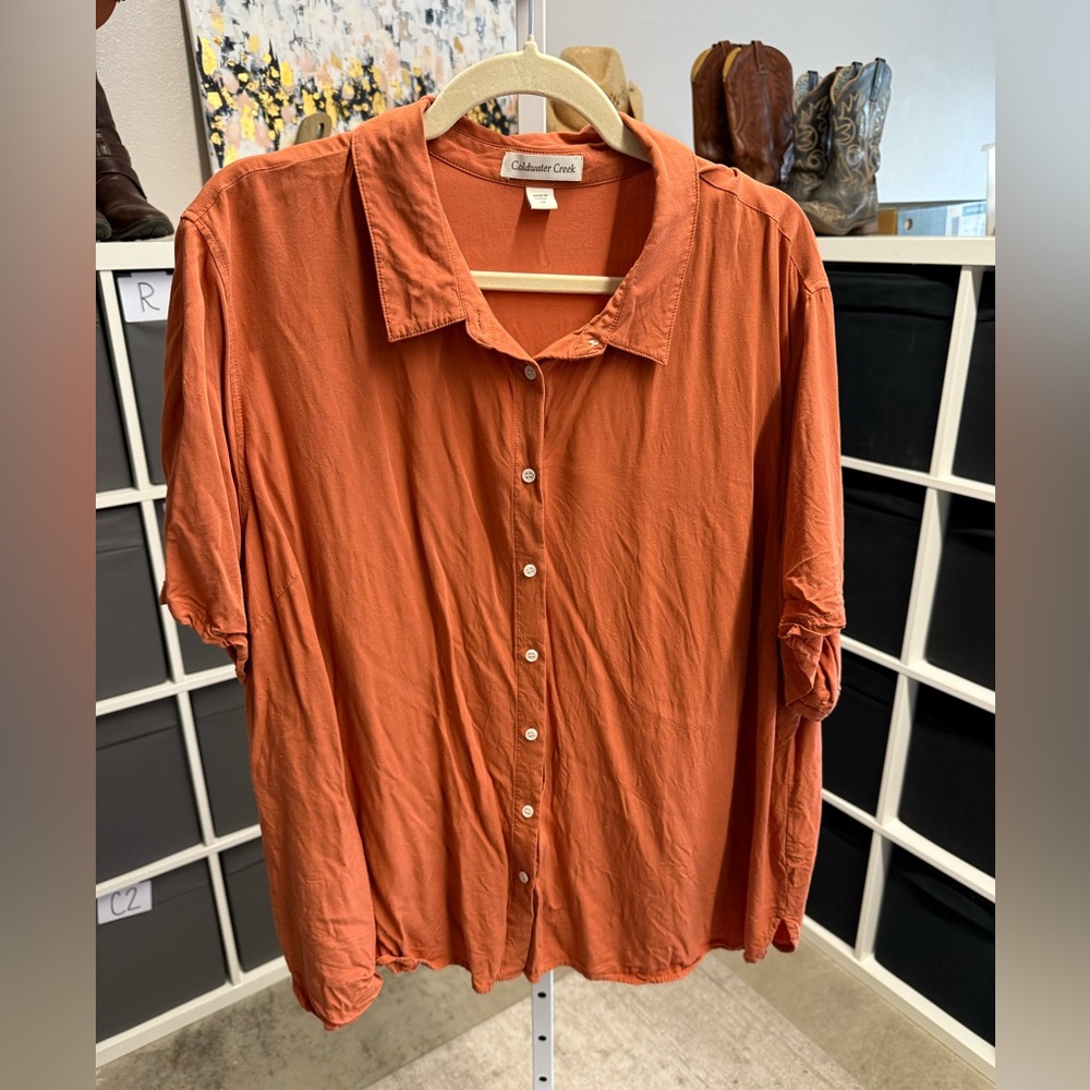 Coldwater Creek Women's Orange Button-Up Top Camp Shirt